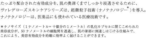 たっぷり配合された有効成分を、肌の奥深くまでしっかり浸透させるために、ヴァレデローズスキンケアシリーズは、超微粒子技術（ナノテクノロジー＊）を導入。ナノテクノロジーは、医薬品にも使われている医療技術です。 ＊ナノサイズ（1ナノメートル= 十億分の1メートル）の乳化カプセルに閉じこめられた美容成分が、50ナノメートルの細胞間を透過し、肌の深部に到達しはじける仕組みで、これにより、美容有効成分を的確に効率よく届けることができます。